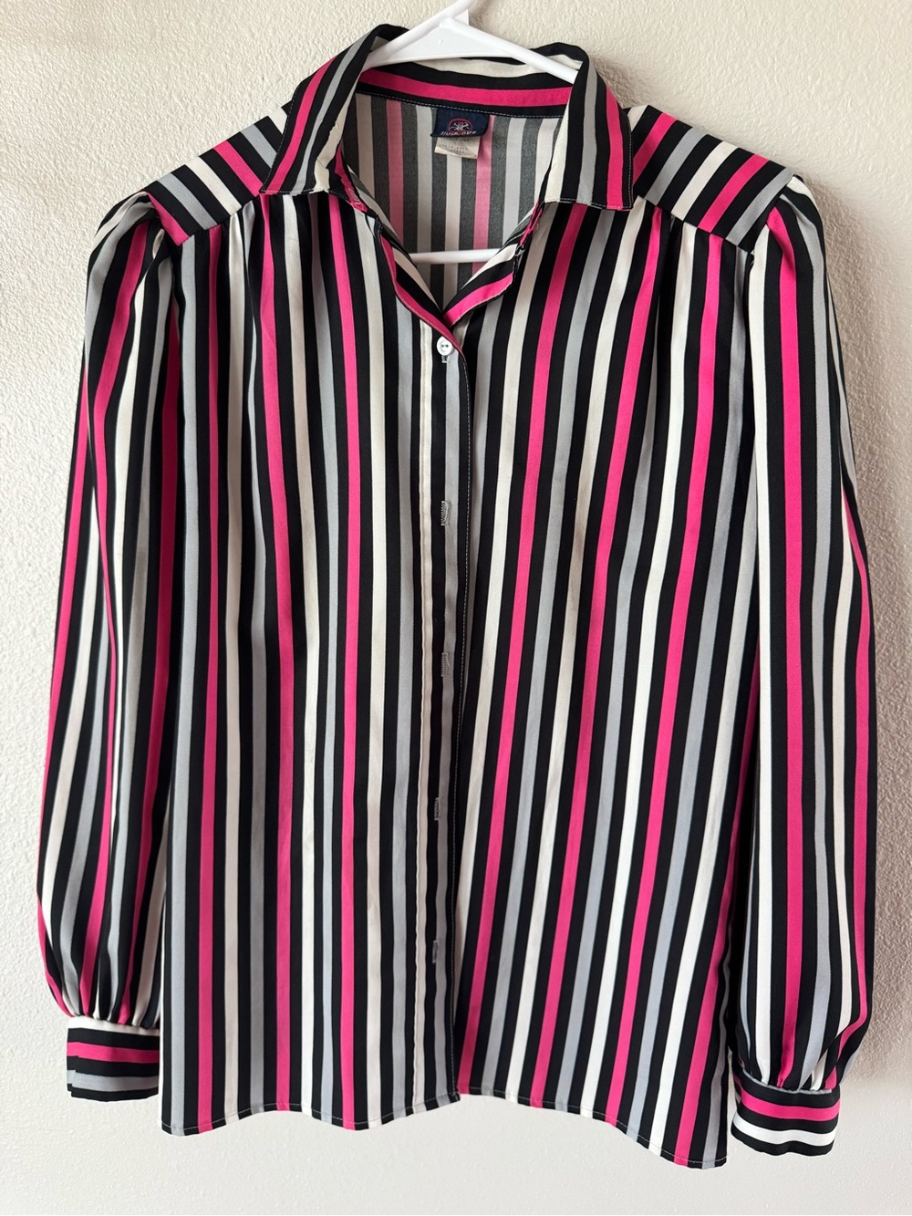 Union Made Women’s Striped Button-Up Shirt - Black, White & Pink. Size 8